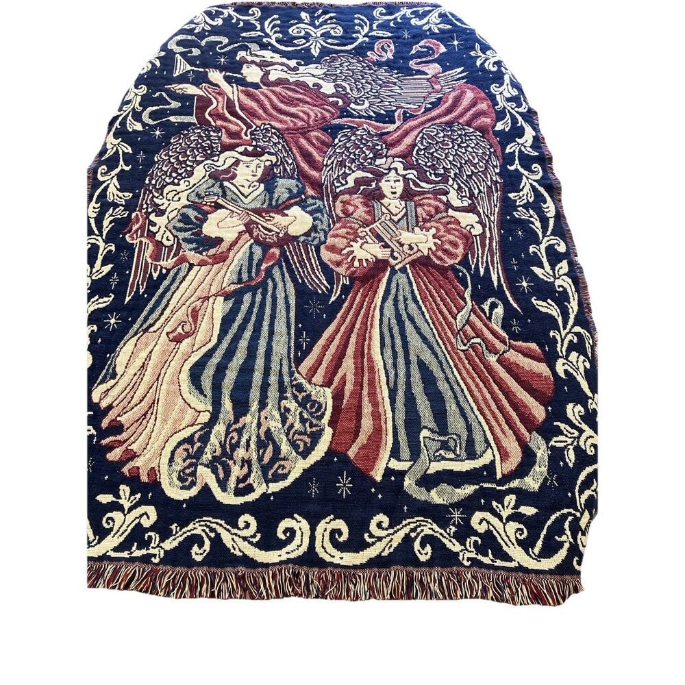 3 Angels Playing Instrument Fringe Blanket Throw Tapestry Holiday 66” X 45” 1993